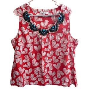 Boden Womens Beaded Aztec Bohemian Tropical Floral top size 14 100% Cotton
